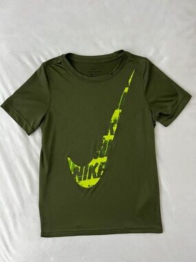 Nike Dri-Fit Olive Green Tee with Neon Yellow Swoosh